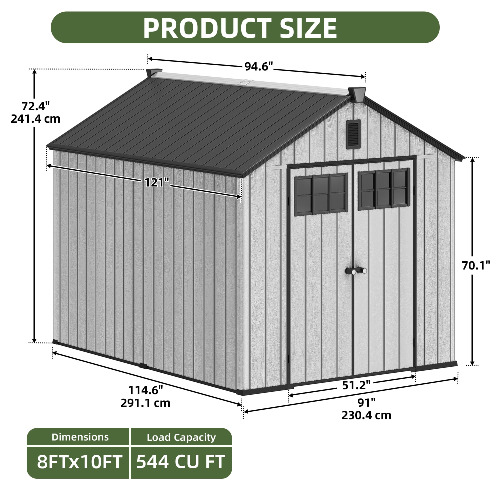 Uforic 8x10 FT Outdoor Storage Shed with Floor, Plastic Garden Shed for Bikes, Tools, and Pool Supplies, Outdoor Resin Shed with Lockable Doors, Windows, and Vents for Patio, Lawn, Backyard, Gray