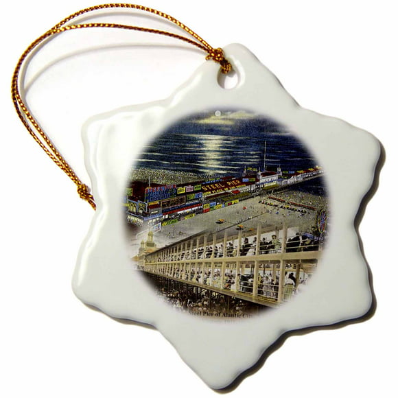 3dRose Steel Pier of Atlantic City Multi-color Porcelain Holiday Decorative Accent Snowflake Ornament, 3"