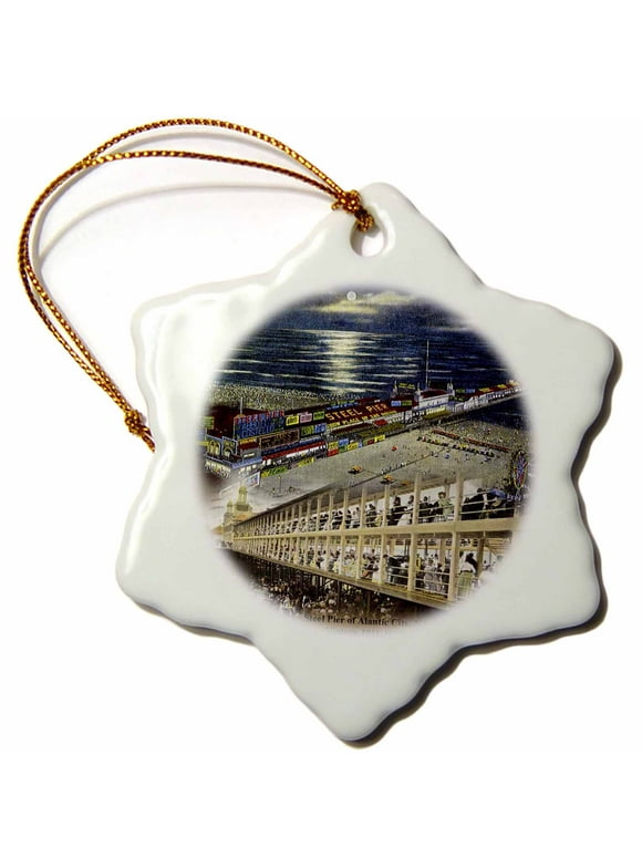 3dRose Steel Pier of Atlantic City Multi-color Porcelain Holiday Decorative Accent Snowflake Ornament, 3"