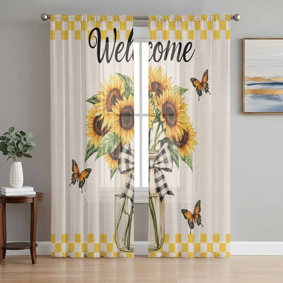 Yellow Sunflower Sheer Curtains 72 Inch Length 2 Panels Set, Butterfly Plaid Bow Retro Beige Farm Voile Window Treatment Rod Pocket Curtains Sheers Drapes for Bedroom/Living Room/Kitchen 52"x72"x2