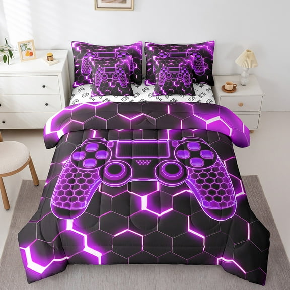 Erosebridal Teens Gaming Bedding Twin Size, Purple Geometric Bed in a Bag Twin size, Honeycomb Bedroom Decor, Reversible