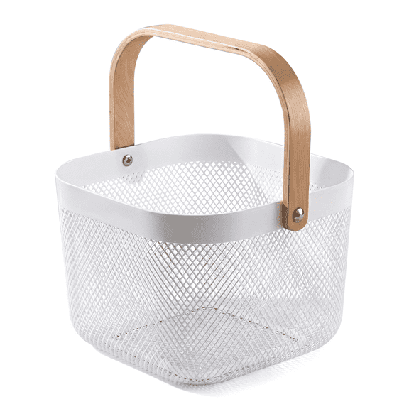 Metal Basket, Durable Iron Mesh Organizer with Wood Handle – Great for Storing Produce, Supplies, Decor in Home, Office, Restaurant