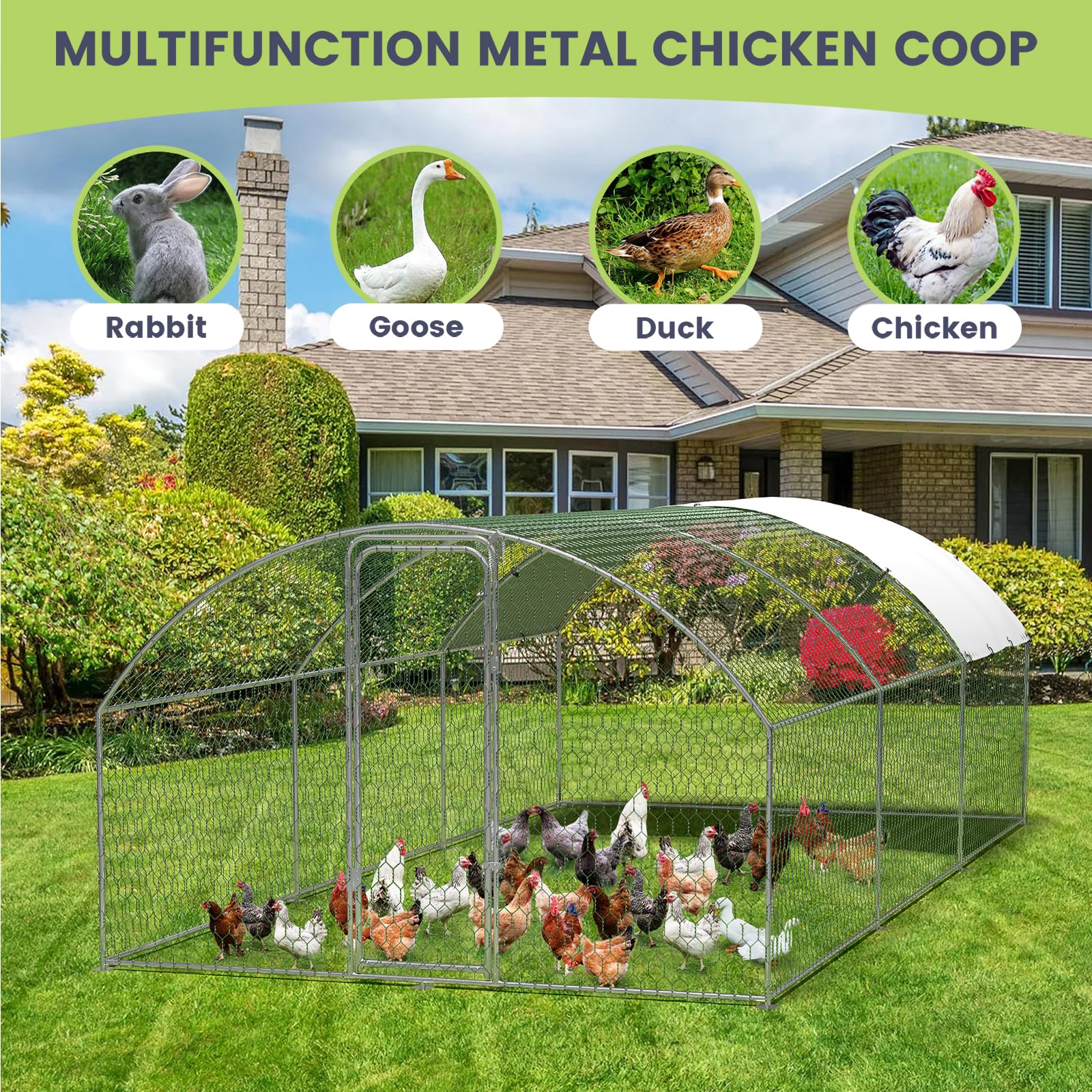 Large Metal Chicken Coop, Large Chicken Coop for Yard, Walk-in Poultry Cage with Waterproof and Anti-Uv Cover, Chicken Run for Outdoor Backyard Farm, Doom Roof, 9.8×19.7×6.6ft
