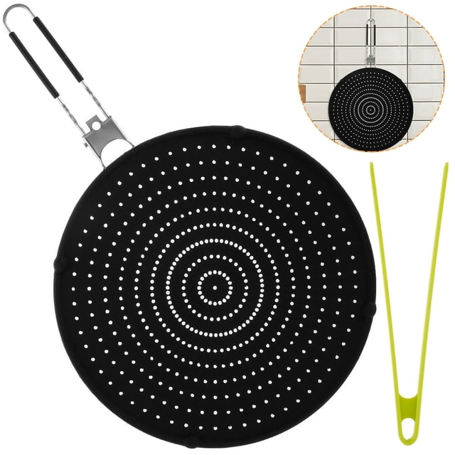 PENGXIANG Silicone Splatter Screen Heat Resistant Grease Splatter Cover with Foldable Handle Multipurpose Oil Splatter Board with Food Clip Drain Board Pan Cover Dishwasher Safe for Fryin