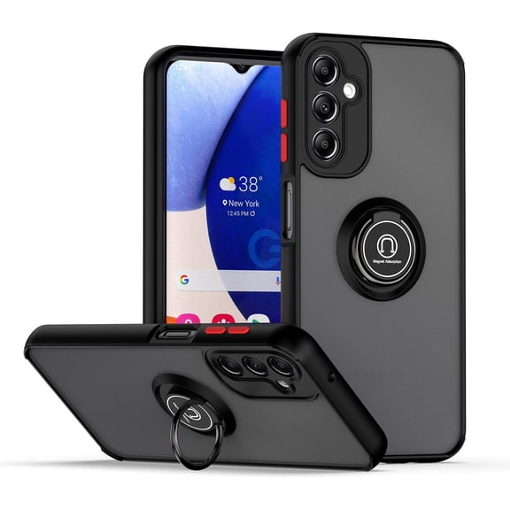 for Samsung A14 5G Mobile Phone case with Metal Ring and Built-in Iron Plate, Heavy Enough to Reach Military Level, Better Protect Your Mobile Phone (Black Red)