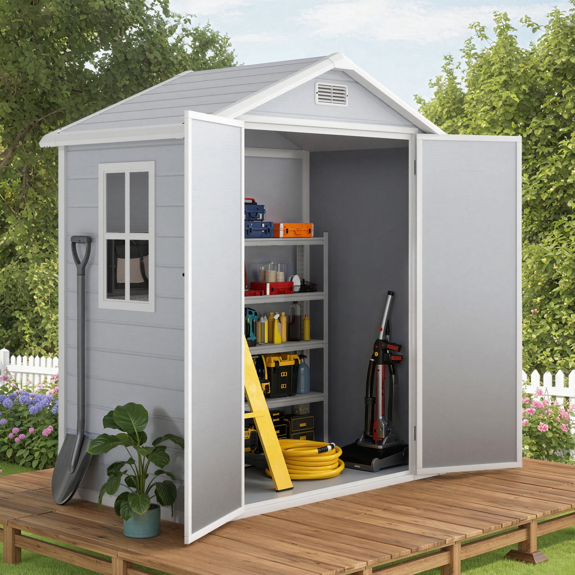 Uforic 6x4 FT Resin Storage Shed, Reinforced Floor, Lockable Door, Window & Vents, Waterproof for Garden Backyard Patio Lawn