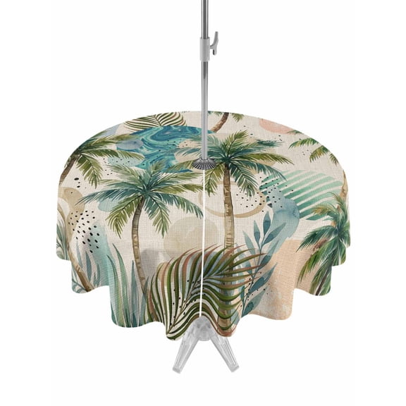 Outdoor Tablecloth with Umbrella Hole for Patio/Picnic/Party/Camping, Tropical Plant Waterproof Table Cloth Round Cover Washable, Summer Watercolor Boho Palm Tree on Linen (Dia 54")