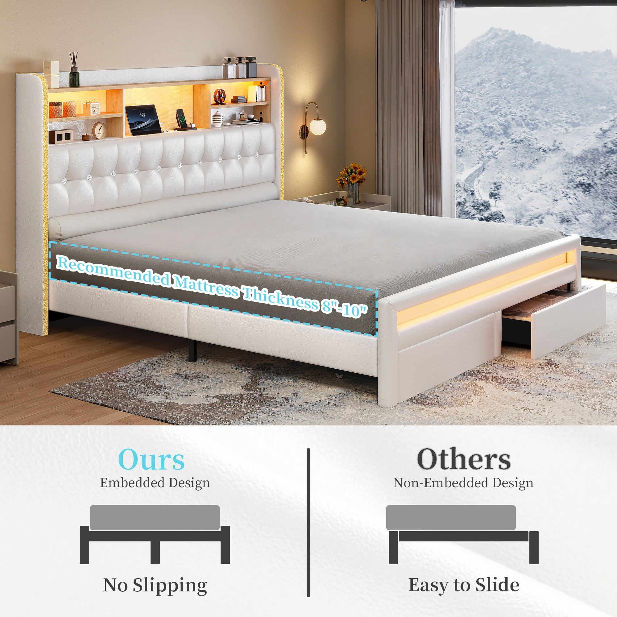 SIBEDS LED Bed Frame with 2 Storage Drawers and PU Upholstered White Wingback Headboard, Queen