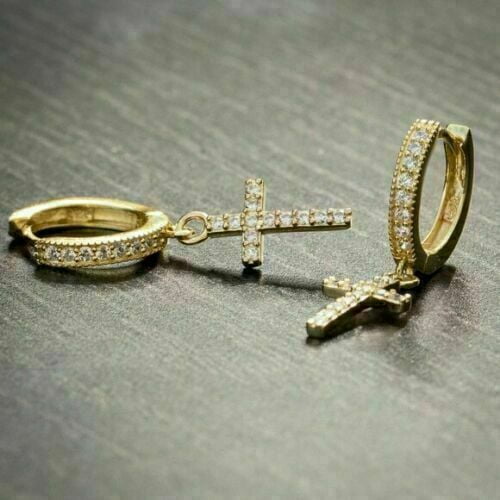 2Ct Round Cut Lab Created Diamond Men's Cross Drop Dangle Hoop Earring 14K Yellow Gold Plated 925 Sterling Silver For Her