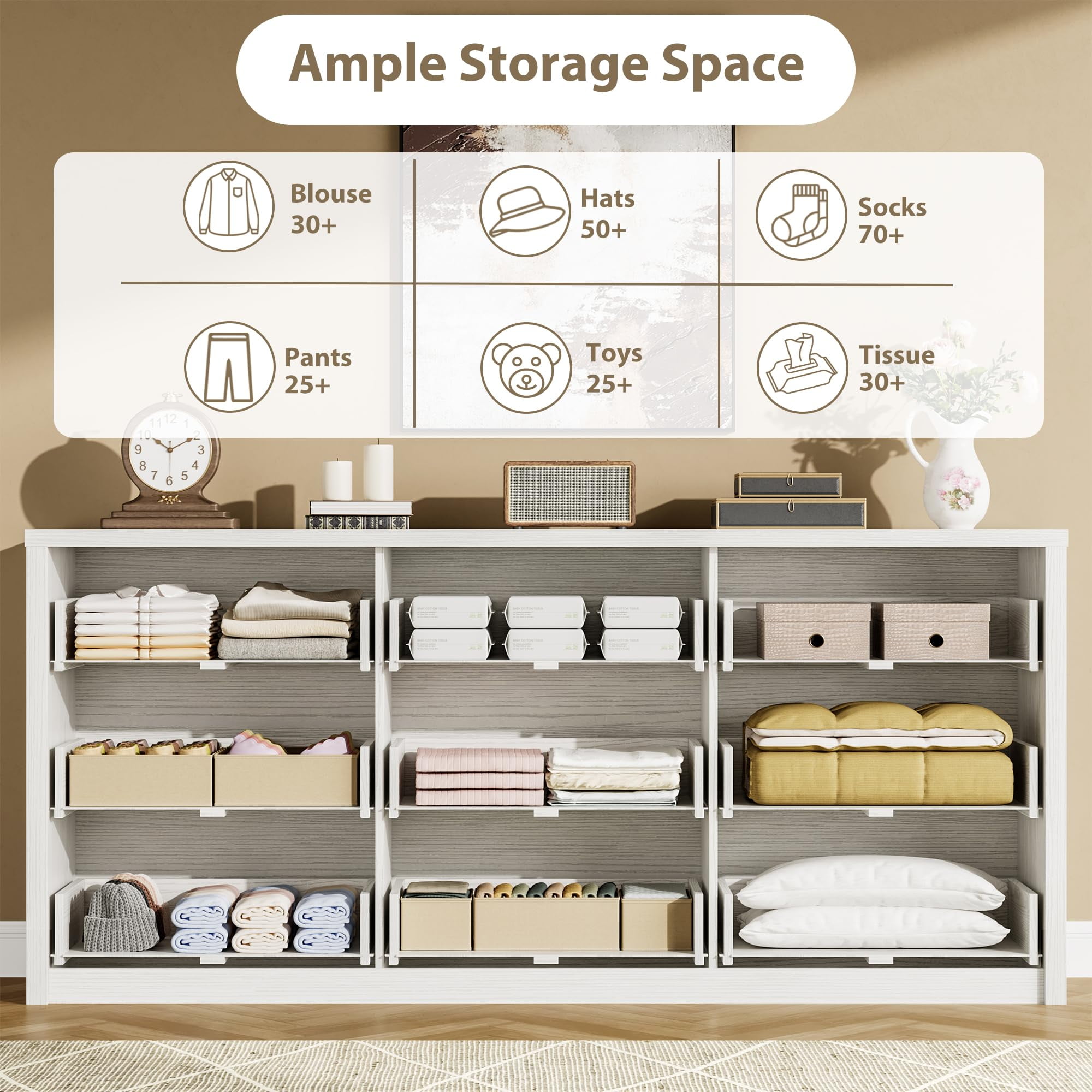 9 Drawer Dresser for Bedroom, Wide Chest of Drawers with Handleless Design, Large Wood Storage Organizer for Living Room Hallway Entryway, White