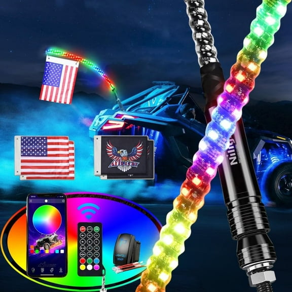 Nilight 2PCS 6FT RGB LED Whip Light, Remote App Control w/DIY Chasing Patterns Stop Turn Reverse Lighting Modes Safety Lighted Antenna for ATV UTV Polaris RZR Can-am Dune Buggy Jeep