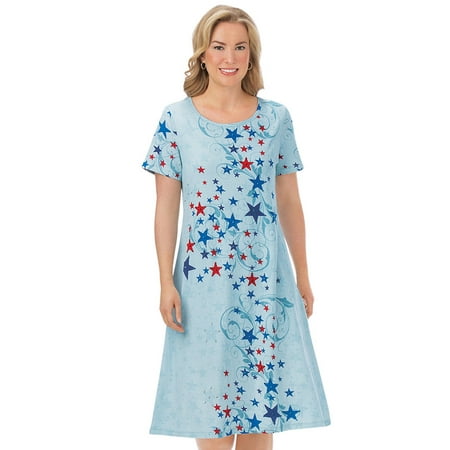 Women's Americana Stars and Scroll Print Short-Sleeve Dress - Perfect Patriotic Summer Sun Dress, Large, Blue Multi