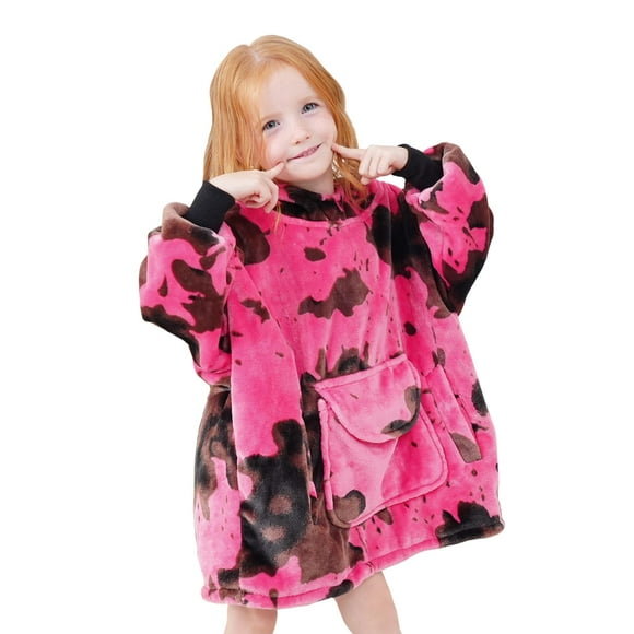 Kivee Cute Wearable Blanket Hoodie Kids Toddlers Pink Cow Print Sweatshirt Blanket With Giant Pocket Warm Cozy Cow Hooded Blanket 2-6 Year Old Girl Boy Birthday Cow Gifts