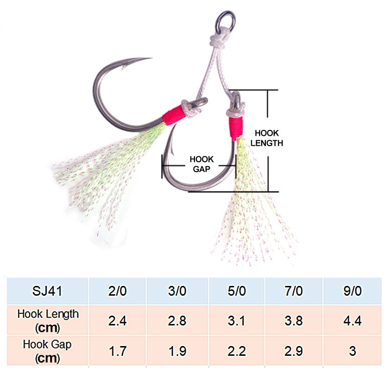 10Pairs 2/0-9/0 Twin Assist Barbed Hook Metal Jig Slow Jigging Fishing Hooks