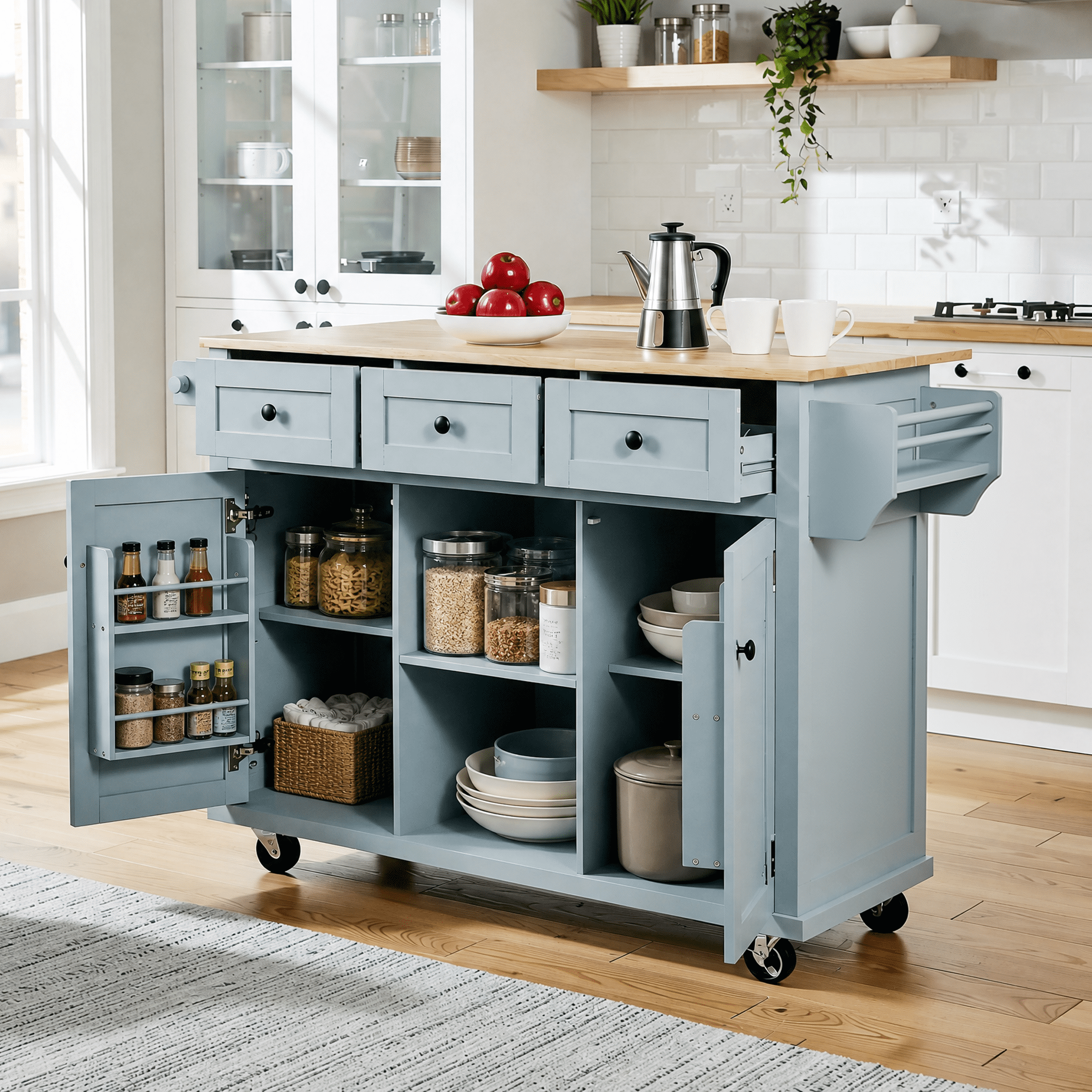 Homy Casa 53" Farmhouse Kitchen Island with Drop Leaf, Drawers, Wheels & Towel Rack, Blue