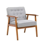 UNICOO® Mid-Century Retro Modern Solid Wood Armrest Accent Chair, Fabric Upholstered Wooden Lounge Chair (Grey) U205-1-GY