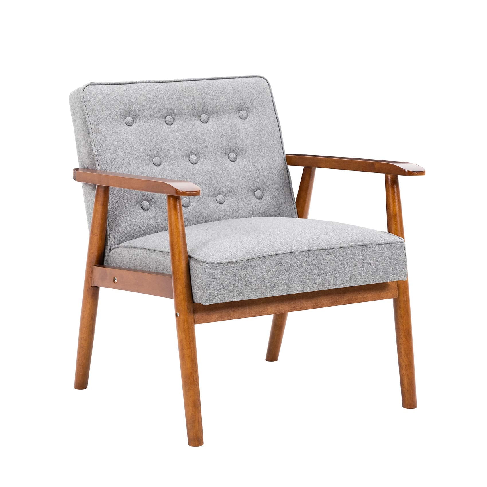 UNICOO® Mid-Century Retro Modern Solid Wood Armrest Accent Chair, Fabric Upholstered Wooden Lounge Chair (Grey) U205-1-GY