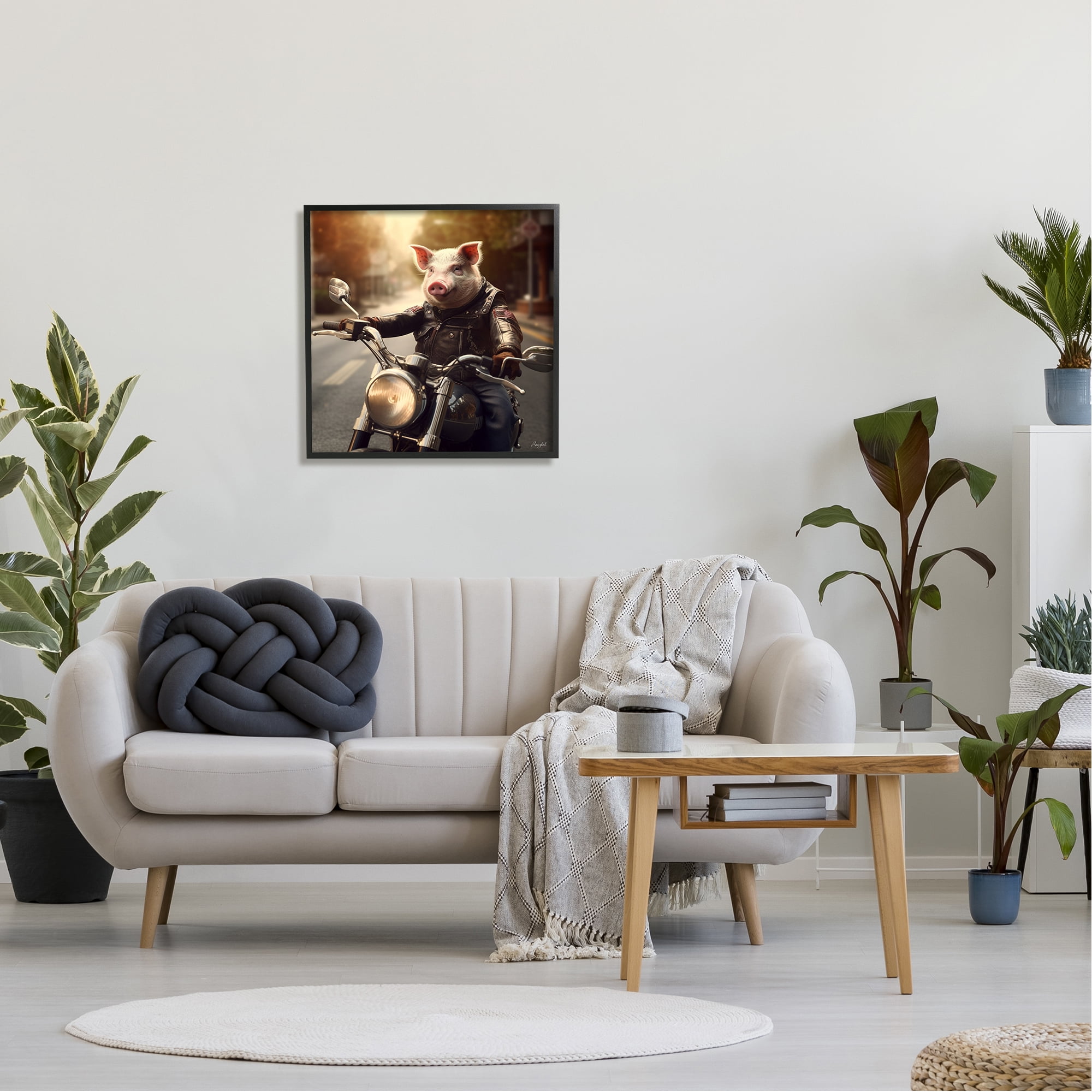 Stupell Industries Pig Riding Motorcycle Animals & Insects Painting Black Framed Art Print Wall Art, 24 x 24
