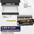 thumbnail image 6 of Volcora Cash Register Drawer with Under Counter Mounting Bracket - 16" Black Drawer for POS, 5 Bill 8 Coin Compartment, Fully Removable 2 Tier Cash Tray, 12-24V RJ11/RJ12 Key-Lock, Double Media Slot, 6 of 7