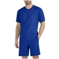 thumbnail image 3 of HVOBTTY Mens Soft Pajama Set, Summer Pajama Set for Men, Men's Casual Fashion Solid Color Crew Neck Short Sleeve Top and Shorts Drawstring Waist Lightweight Beach Training Set Blue, XL, 3 of 5