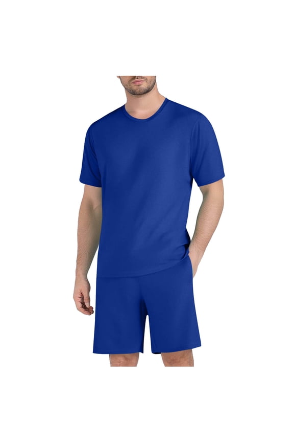 Men's Short Sets 2 Piece Outfit Plus Size Casual Clothes Crewneck Loose Shorts Breathable Tracksuit Loungewear Blue