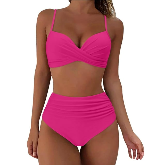 Huesdet Womens High Waisted Bikini Sets Criss Cross Two Piece Swimsuits Color Block Full Coverage Bathing Suits(Hot Pink,S)