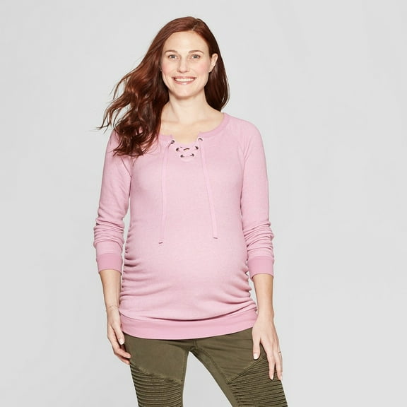 Isabel Maternity by Ingrid & Isabel Women's Maternity Textured Lace-Up Terry Sweatshirt -  Pink - (X-Large)