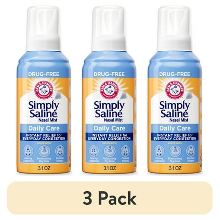 (3 pack) ARM & HAMMER Simply Saline Daily Care Drug-Free Mist for Nasal Congestion Relief, 3.1 oz