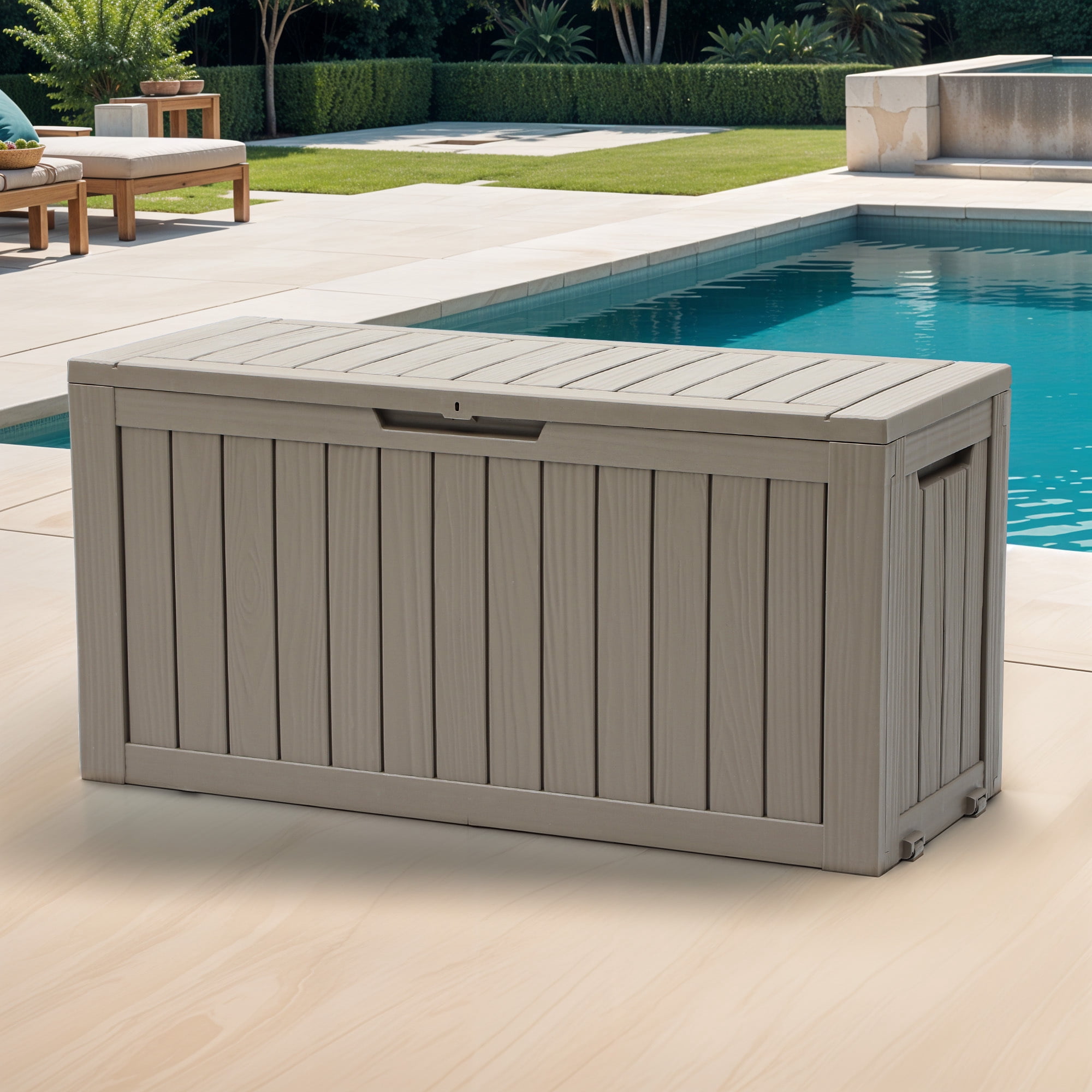 Dextrus 72 Gallon Weatherproof Resin Deck Box with Wheels, Mobile Lockable Outdoor Storage Bin, Durable Patio Organizer for Cushions, Garden Tools and Sports Equipment, Light Brown