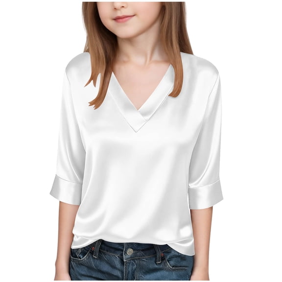 Shirts for Girls V Neck 3/4 Sleeve Tshirt Summer Fashion Casual Loose Pullover Tops Kids Clothes Girls Size 4-15