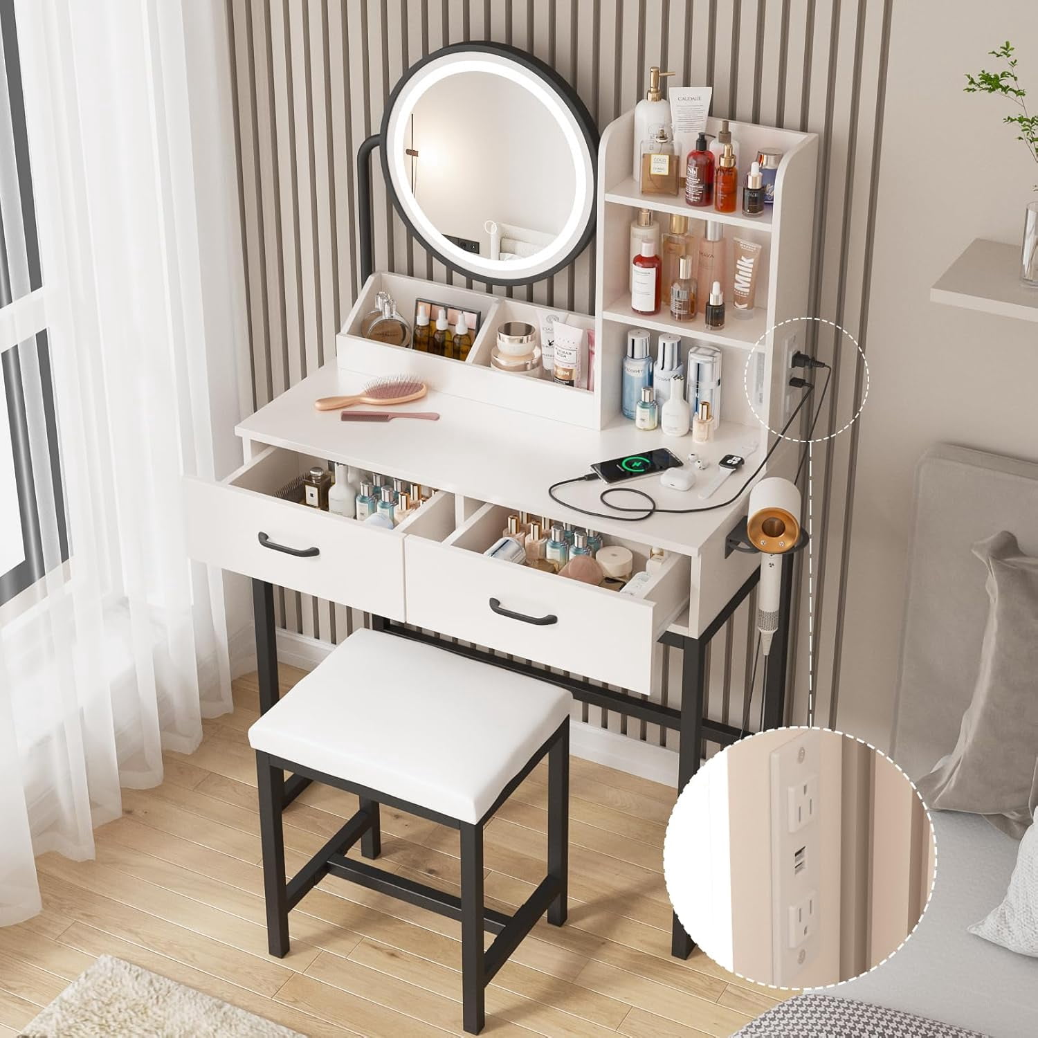 VEANERWOOD Makeup Vanity with Round Mirror and Lights, White Vanity Makeup Table with Charging Station, Small Vanity Table for Bedroom, 3 Lighting Modes, 31.5in(L)