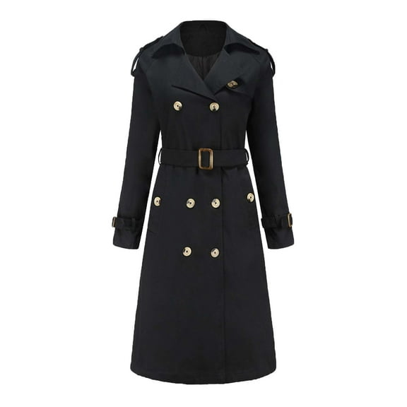 Herrnalise Women's Double Breasted Pea Coat Winter Mid-Long Trench Coat with Belt Black,XXL
