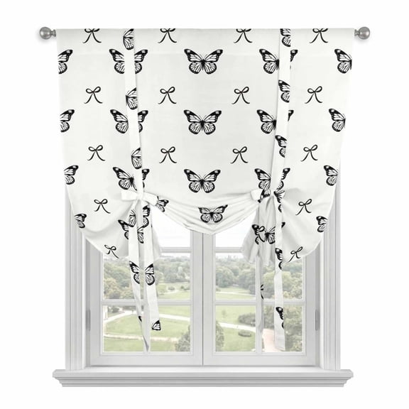 Black Spring Butterfly Balloon Curtains for Bedroom/Front Door/Bathroom, Bow Knot Tie Up Curtains 63 Inch Length Light Filtering Kitchen Curtains Shades for Windows 46"x63"