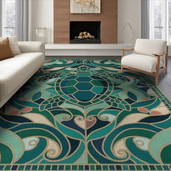 ODIKA 8'x10' Washable Area Rug Durable, Non-Slip Turtle Stained Mosaic Ocean Border Entryway Teal Beachy Nautical Flowing Dynamic for Living Room, Under Sectional, Family