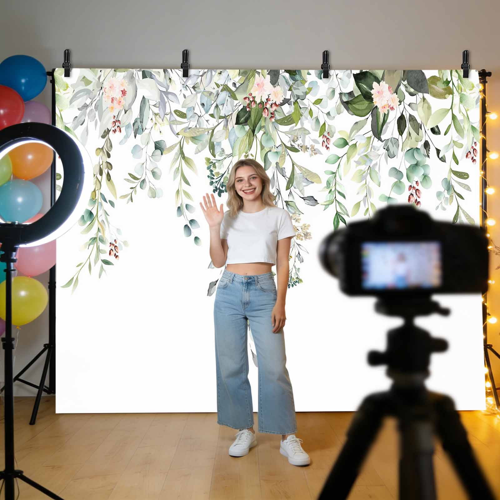 7x5ft Photo Backdrop, Sage Green Eucalyptus Soft Polyester Backdrop Curtains Photography Backdrops, Pink Floral Buds Summer Pastoral Brushed Background for Photoshoots Studio Video Portrait Parties