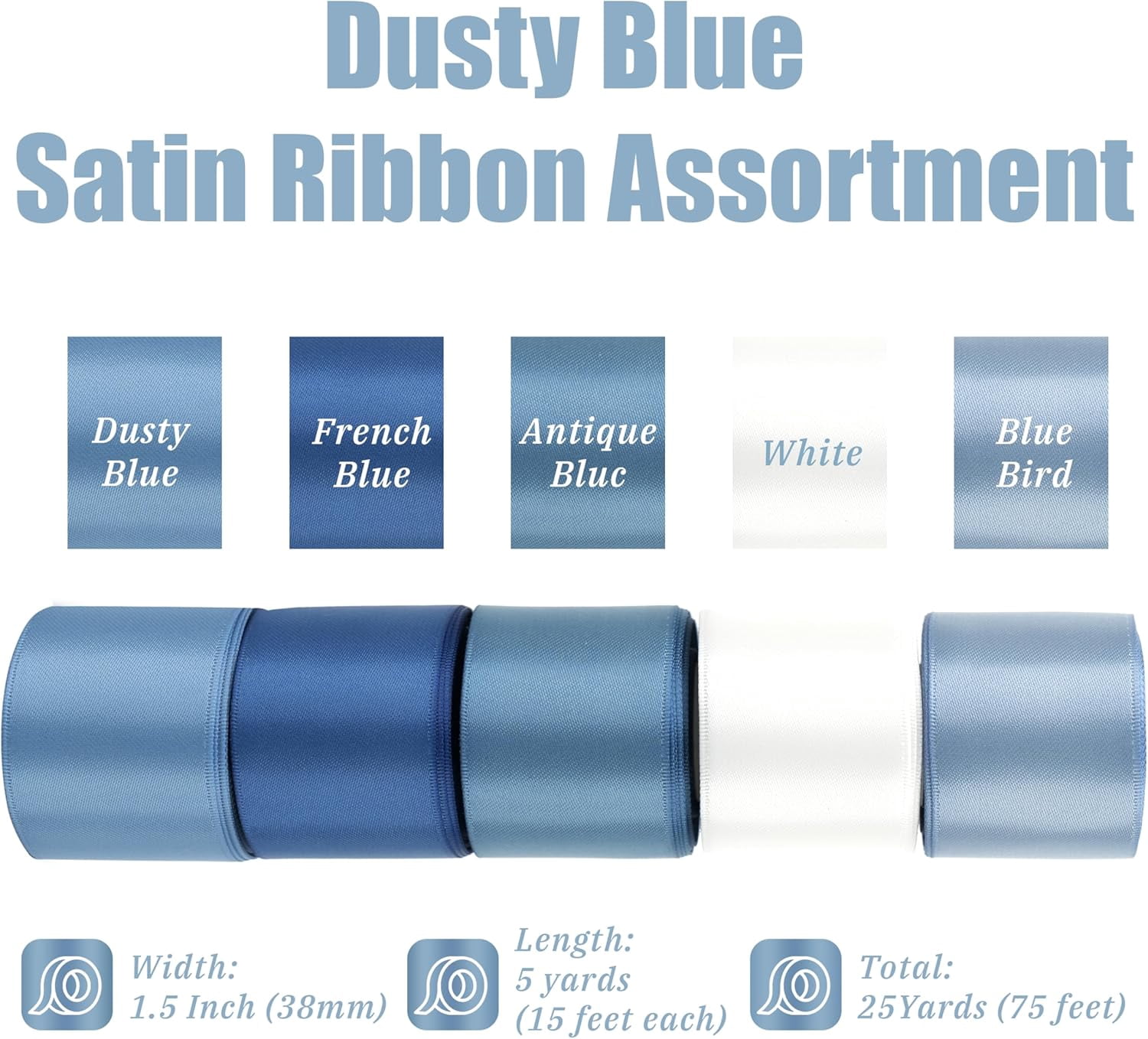 Dusty Blue Satin Ribbon Set, 1 1/2 Inch x 25 Yards, 5 Rolls French Blue Antique Blue Ribbon for Wedding, Flower Bouquet, Gift Wrapping, Hair Bows, Crafts and Party Decorations