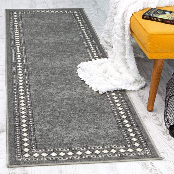 Antep Rugs Tapis Modernes à Bordure 2x7 Antidérapants (Antidérapants) Profil Bas à Poils avec Endos en Caoutchouc Tapis de Couloir d'Intérieur (Gris, 2 Pieds x