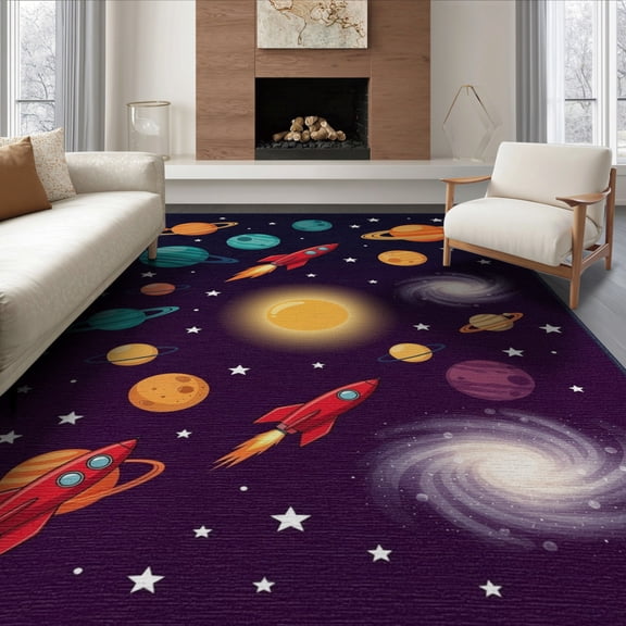 ODIKA 8'x10' Washable Area Rug Playroom Science Theme Educational Classroom Themed Cartoon Rocket for Dining Room, Large Office, Lounge, Non-Slip Chair-Friendly Mat