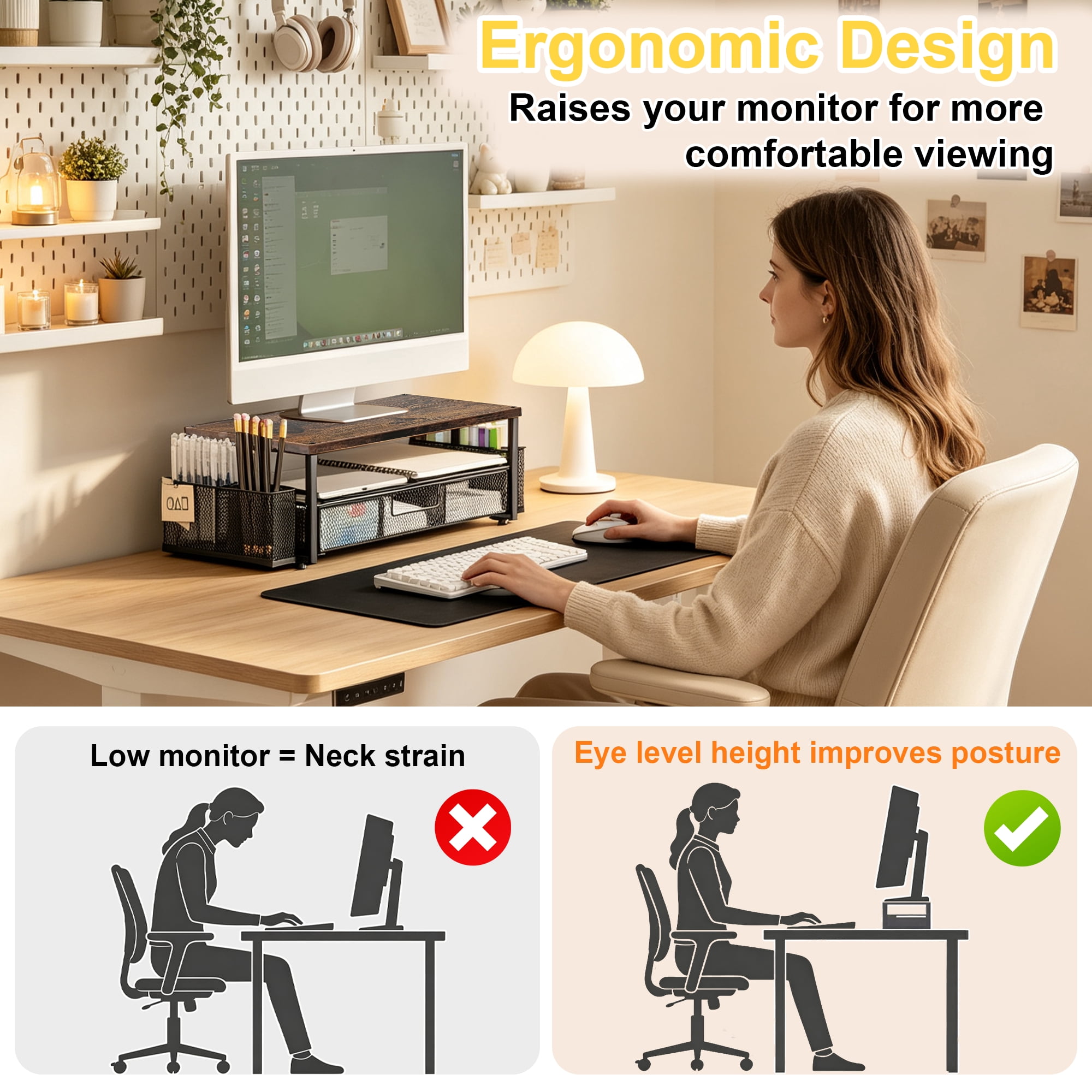 CISILOV 3-Tier Monitor Stand Riser, Computer Monitor Stand with Drawer and 2 Pen Holders, Desktop Organizer for Laptop, PC Screen, Printer, Office Desk Accessories