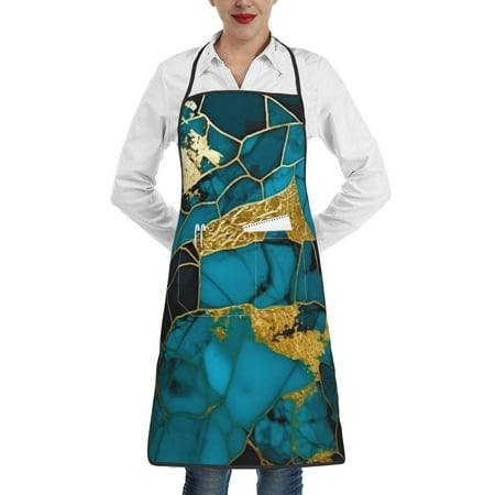 

Qekee Watercolor Blue Marbled Print Adjustable Bib Apron Resistant with Pocket Cooking Kitchen Aprons for Women Men Server Chef Apron