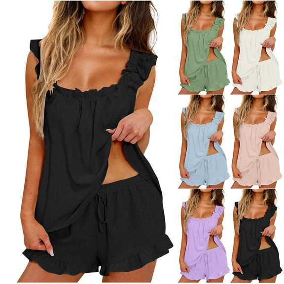 Helii Womens 2 Piece Pajamas Set Ruffle Soft Tank Tops and Shorts Pants Set Bridal Pajama for Women Sleepwear Sets Black S