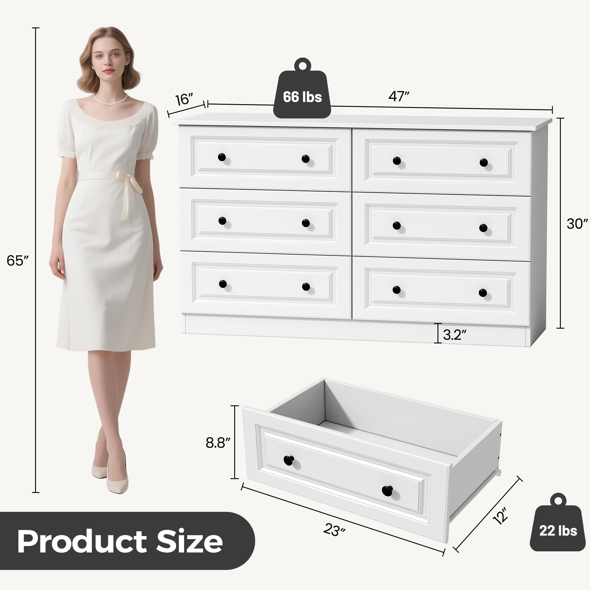 NEGYLIM 6-Drawer White Dresser, 47-inch Wide Chest for Bedroom Storage, Farmhouse Style with Anti-Tip Safety