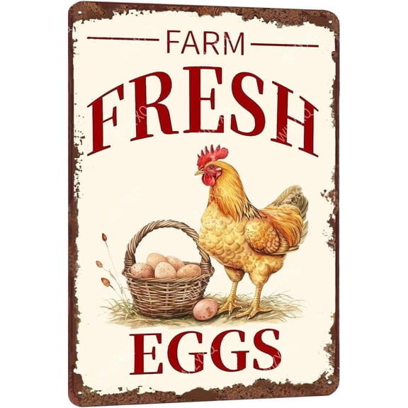 Farm Fresh Eggs Metal Tin Sign, 12 x 8 Inch Vintage Chicken Wall Decor for Farmhouse Kitchen, Chicken Coop, Barn, Home, Rustic Country Decoration