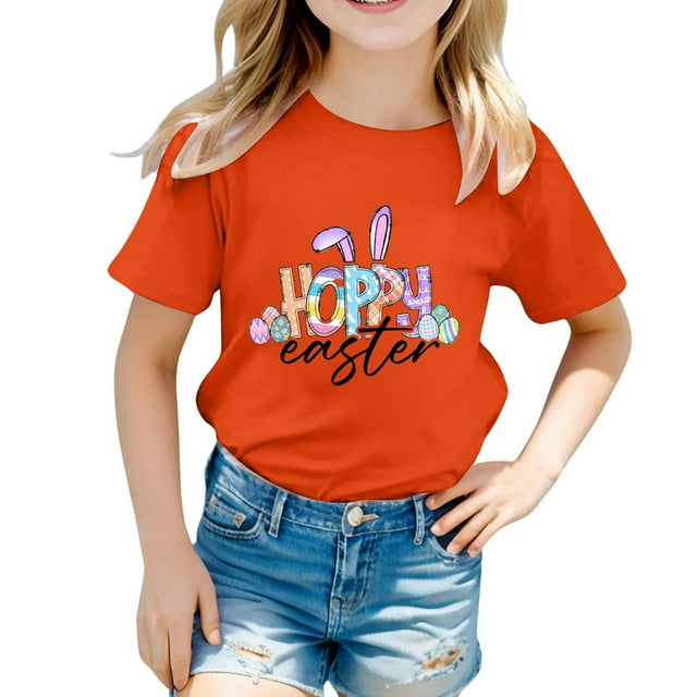 LUOGENLI T-Shirt pour Filles Enfants Filles Pâques Mignon Graphique Col Rond Manches Courtes T-Shirt Été Décontracté T-Shirt Maxi Tops Ensembles Filles 2 Pcs Tenues Manches Longues Orange 12-13 Ans