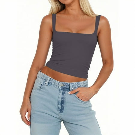 Women Tops  Sleeveless Square Neck Sexy Slim Tank Tops With Built In Bras Solid Color Pullover Womens Turtleneck Long Sleeve Black Polo Shirt Woman Yoga Tops Tank Tops Corset (XL  Dark Gray) ZMTing