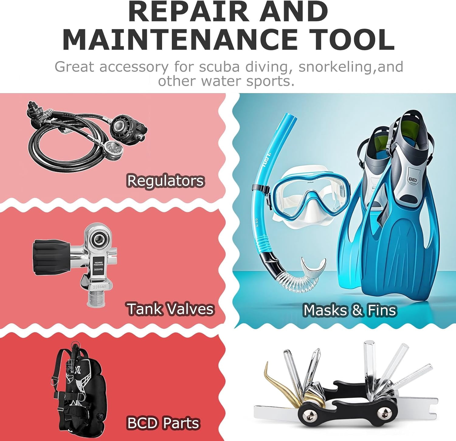 ABCISI Scuba Multi-Tool, Sturdy Mini Compact 8-in-1 Stainless Steel Diving Dive Tools, Multifunctional Portable Repair Set for Repairing & Adjusting Diver Gears, Black