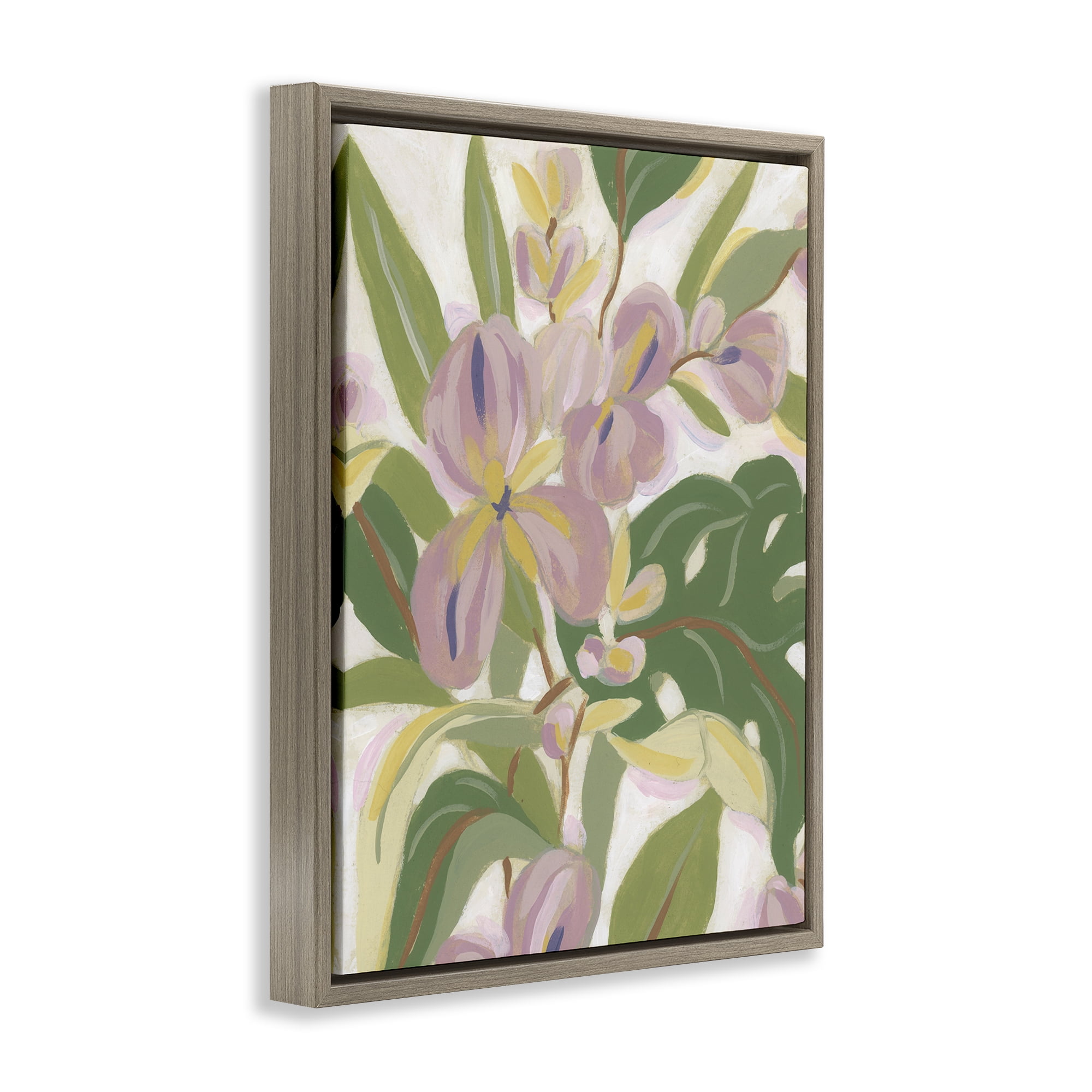 Stupell Industries Pale Trillium & Leaves Plants & Flowers Painting Brown Floater Framed Canvas Art Print Wall Art, 17 x 21