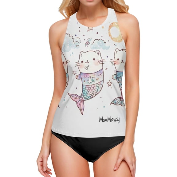 Women's Printed Tankini Top - High Elasticity Slim-Fit Swimsuit with Removable Straps & Cups, Perfect for Beach & Pool Parties，Little Chubby Cat