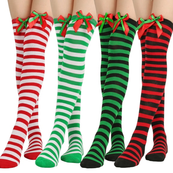 JJHGVB Striped Thigh High Socks Novelty Stockings Calf Socks for Women Thigh High Stockings Thigh High Socks for Christmas Tube Socks Long Stockings Funny Socks Xmas for Women D One Size