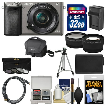 Sony Alpha A6000 Wi-Fi Digital Camera & 16-50mm Lens (Graphite) with 32GB Card + Case + Battery/Charger + Tripod + Tele/Wide Lens